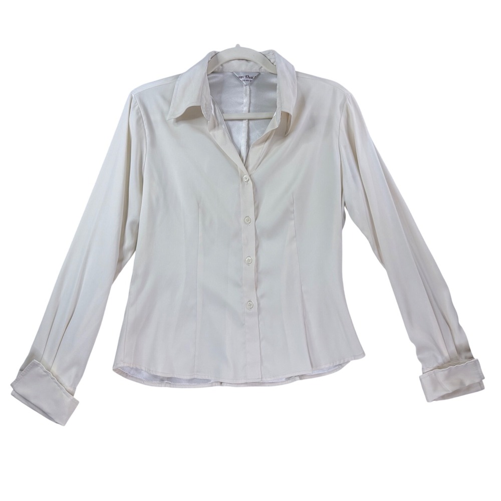 Queen Thai Silk Blouse Women Small Cream Vintage Long Sleeve Button Down Top
